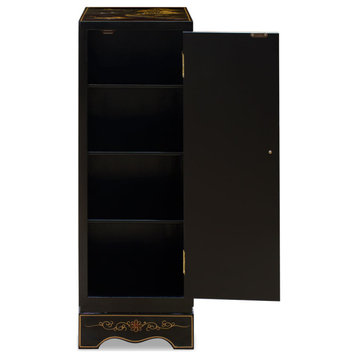 Black Lacquer Chinoiserie Chinese Pedestal Cabinet