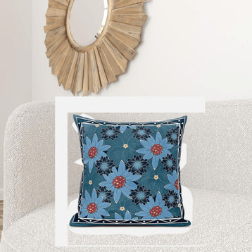 28x28 Blue Red Blown Seam Broadcloth Floral Throw Pillow