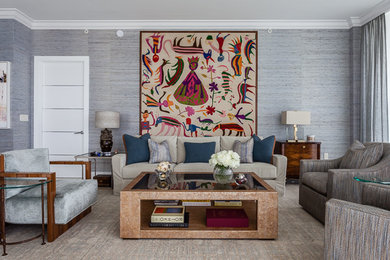 Mid-sized transitional formal and open concept marble floor living room photo in Miami with blue walls