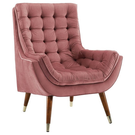 Suggest Button Tufted Upholstered Velvet Lounge Chair, Dusty Rose