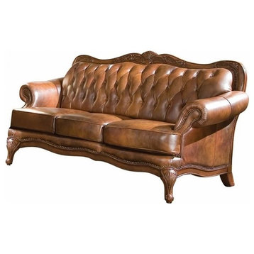Coaster Victoria Leather Tufted Sofa with Rolled Arms in Brown