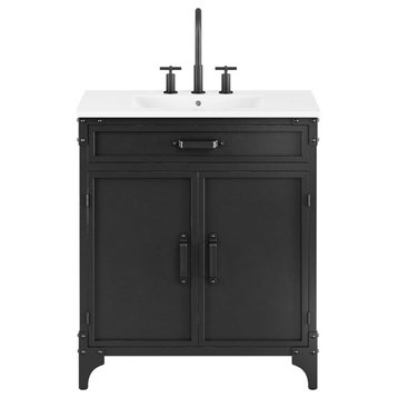 Modway Steamforge 30" Wood Bathroom Vanity with Fixed Drawer in White/Black