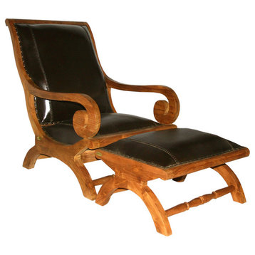 Teak Wood And Leather Bahama Lazy Chair With Ottoman