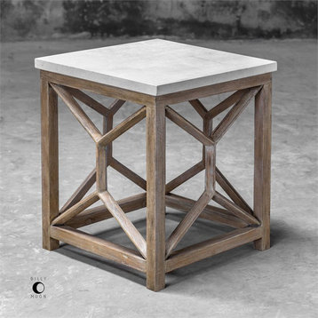 Bowery Hill 22" Square Stone Top End Table in Ivory and Oatmeal