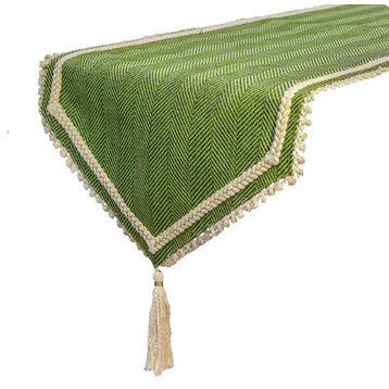 Table Runner Green Jute 14"x64" Chevron Weave, Lace & Tassels - Harmony In Hemp