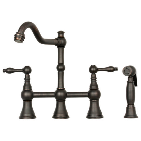 Two-Handles Copper Bridge Kitchen Faucet with Side Sprayer, Oil Rubbed Bronze