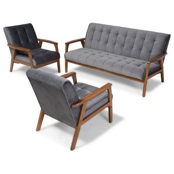 Baxton Studio Asta Grey Velvet Upholstered Wood 3-Piece Living Room Set