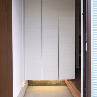 Eklektisk inredning av en hall, med vita väggar, plywoodgolv, en enkeldörr, mörk trädörr och brunt golv