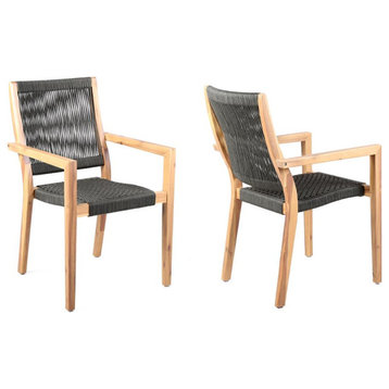 Madsen Outdoor Patio Charcoal Rope Arm Chair in Teak Finish - Set of 2