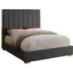 Meridian Furniture - Becca Velvet Upholstered Bed, Gray, King - Transform your bedroom into a luxurious place to retired in the evenings with this elegant Becca grey velvet king bed. Featuring a grey velvet base with channel tufting atop a polished gold metal frame, this king-size bed makes a bold statement even when incorporated with existing contemporary bedroom decor. With a width of 85 inches, depth of 86 inches, height of 61.5 inches, and footboard height of 13.5 inches, this chic bed offers ample space for you to get a good night's rest.