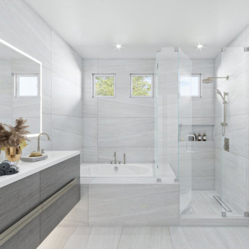 Master bathroom gray modern backlit mirror