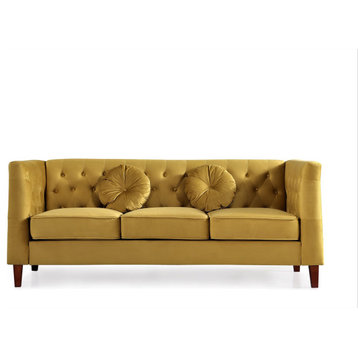 Elegant Sofa, Chesterfield Inspired, Velvet Seat & Button Tufted Back, Yellow
