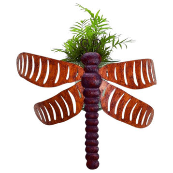 Luxe Brown Red Dragonfly Wall Planter Hurricane Candle Holder Indoor Outdoor