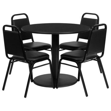 36'' Black Laminate Table Set, Base, 4 Black Trapezoidal Back Banquet Chairs
