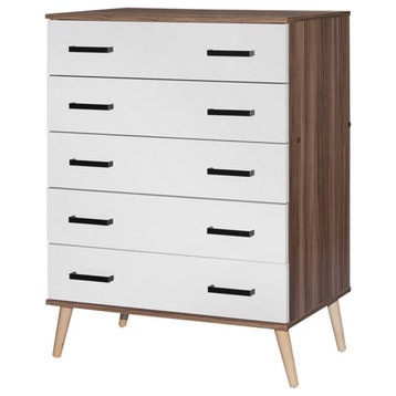 Better Home Products Eli Mid-Century Modern 5 Drawer Chest in Walnut & White