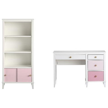 Home Square 2 Piece Kids Bedroom Set with Bookcase and Desk in White and Pink