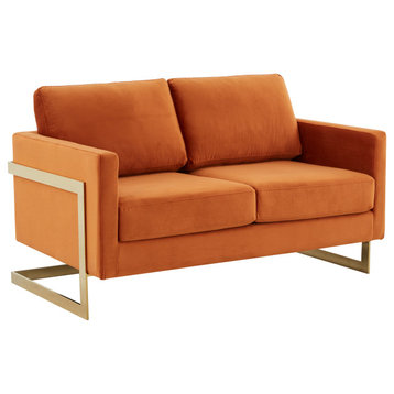 LeisureMod Lincoln Modern Velvet Loveseat With Gold Frame, Orange Marmalade