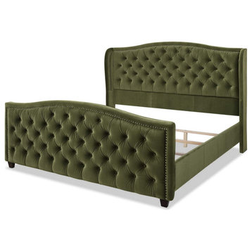 Mid Century King Platform Bed, Wing Headboard and Tufted Footboard, Olive Green