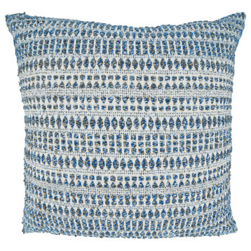 Woven Pillow With Line Design, Blue, 22"x22", Poly Filled