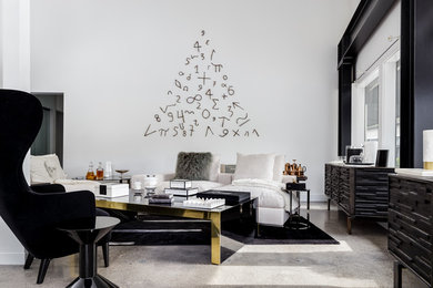 Example of a large trendy enclosed concrete floor living room design in San Francisco with a bar and white walls