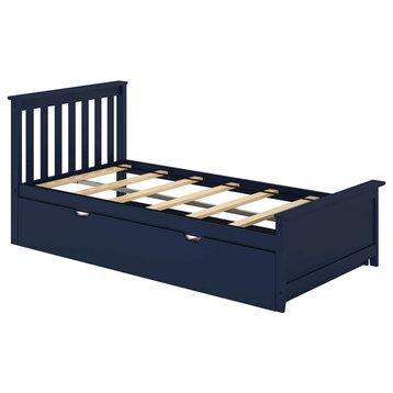 Modern Twin Bed With Trundle, Pine Wood Frame With Slatted Headboard, Blue