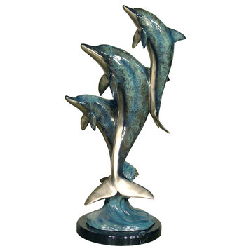 Dolphin Family Bronze Sculpture With Marble Base, Special Patina Finish