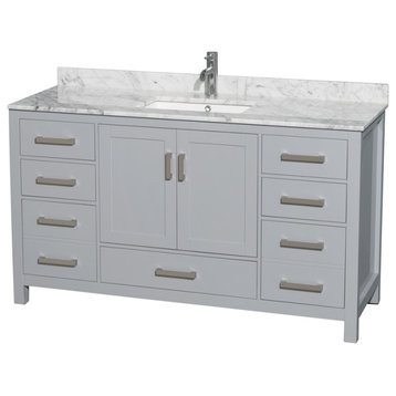 Sheffield 60" Gray SGL Vanity, Carrara Marble Top, UM Sq Sink, No Mrr