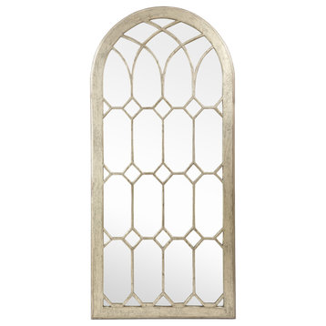 Selena Traditional Arched Windowpane Mirror, Distressed Gold
