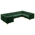 Meridian Furniture - Alina Black Velvet 8-Piece Modular Sectional, Green, U-Shaped - Bring modern beauty to your space with the addition of this Alina Velvet Modular sectional. This beautiful sectional features deep channel tufting to ramp up its visual interest and add to its resilient demeanor. Its soft green velvet upholstery blends nicely with existing elements in your room and is sleek to the touch, making this seat a super comfortable one. Part of the modular Alina collection, this sectional has a latch that attaches it to other pieces to create your custom seating arrangement.