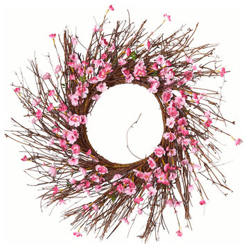Cherry Blossom Wreath On Natural Twig Base, 22"