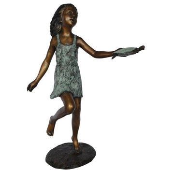 Girl holding turtle bronze fountain statue -  Size: 26"L x 19"W x 37"H.