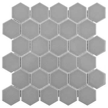 Metro 2" Hex Glossy Light Grey Porcelain Floor and Wall Tile