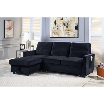 Ivy Black Velvet Reversible Sleeper Sectional Sofa, Storage Chaise, Side Pocket