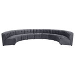 Meridian Furniture - Limitless Velvet Upholstered 9-Piece Modular Sectional, Gray - Invest in your home's comfort with this Limitless 9 Piece Sectional. This modular unit offers tons of flexibility in the number of ways that you can put each piece in the Limitless collection together to get the ideal customized look. Upholstered in grey velvet, this beautiful piece is soft and cool to the touch, so you can feel comfortable from every angle. Button and channel tufting add to this unit's upscale look and contemporary charm.