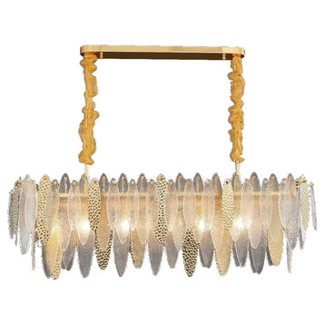Smoky gray/Gold/Blue Frosted Glass Rectangle Crystal Chandelier, Gold, 47.2"