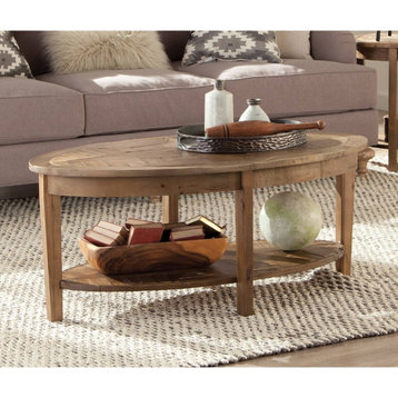 Traditional Coffee Table, Oval Design With Wide Top, Lower Open Shelf, Natural
