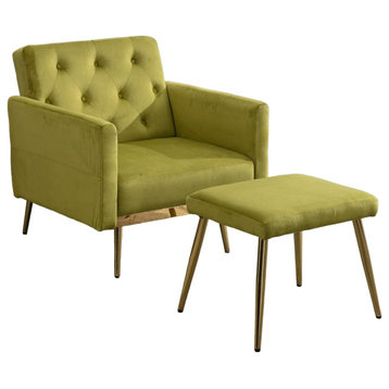 Accent Chair With Ottoman, Gold Legs & Tufted Recliner Back, Olive Green Velvet