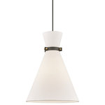 Mitzi by Hudson Valley Lighting - Julia 1-Light Large Pendant, Aged Brass/Black - Along its midcentury-modern shade of linen, Julia clasps a cuff of contrasting metals like a single statement piece of jewelry.