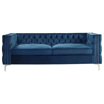 Contemporary Elegant Sofa, Silver Legs & Deep Button Tufted Velvet Seat, Navy