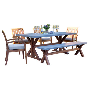 6-Piece Eucalyptus and Composite Dining Set With Stacking Chairs and Bench