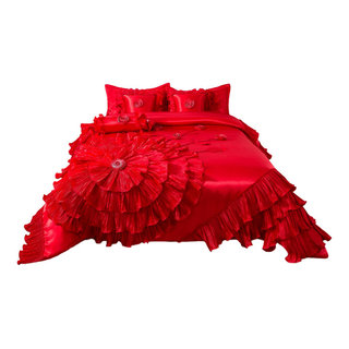 Red Rose Satin Ruffle Floral Romantic Victorian Comforter Bedding Set -  Traditional - Comforters And Comforter Sets - by Tache Home Fashion