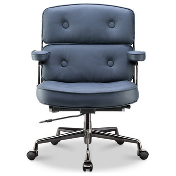 Lobby Chair With Lumbar Support Ergonomic Liftable Mid-Back Executive Chair, Black Chrome& Navy Blue