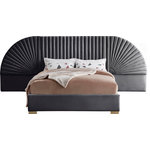 Meridian Furniture - Cleo Velvet Upholstered Bed With Custom Gold Steel Legs, Gray, Queen - Enjoy sweet dreams in this beautiful Cleo grey velvet queen size bed. The tall, luxurious velvet headboard is upholstered in a channel-tufted style, flanked by removable fan-shaped side pieces. The footboard and rails are comfortably upholstered in soft grey velvet as well, with gold steel legs supporting the frame. Matching pieces are available in the same collection, allowing you to complete the contemporary style of this look for an elegantly glamorous bedroom.
