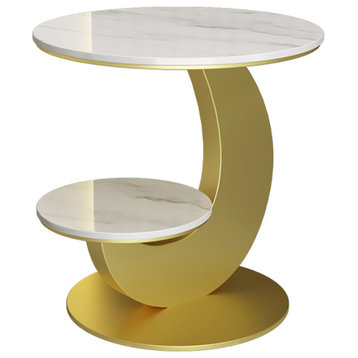 Faux Marble Side Table 2 Tier Round End Table Modern Simplicity Living Room, White/Gold