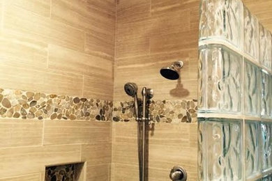 Bathroom - large transitional master bathroom idea in Portland with shaker cabinets, medium tone wood cabinets, beige walls, a drop-in sink and quartz countertops