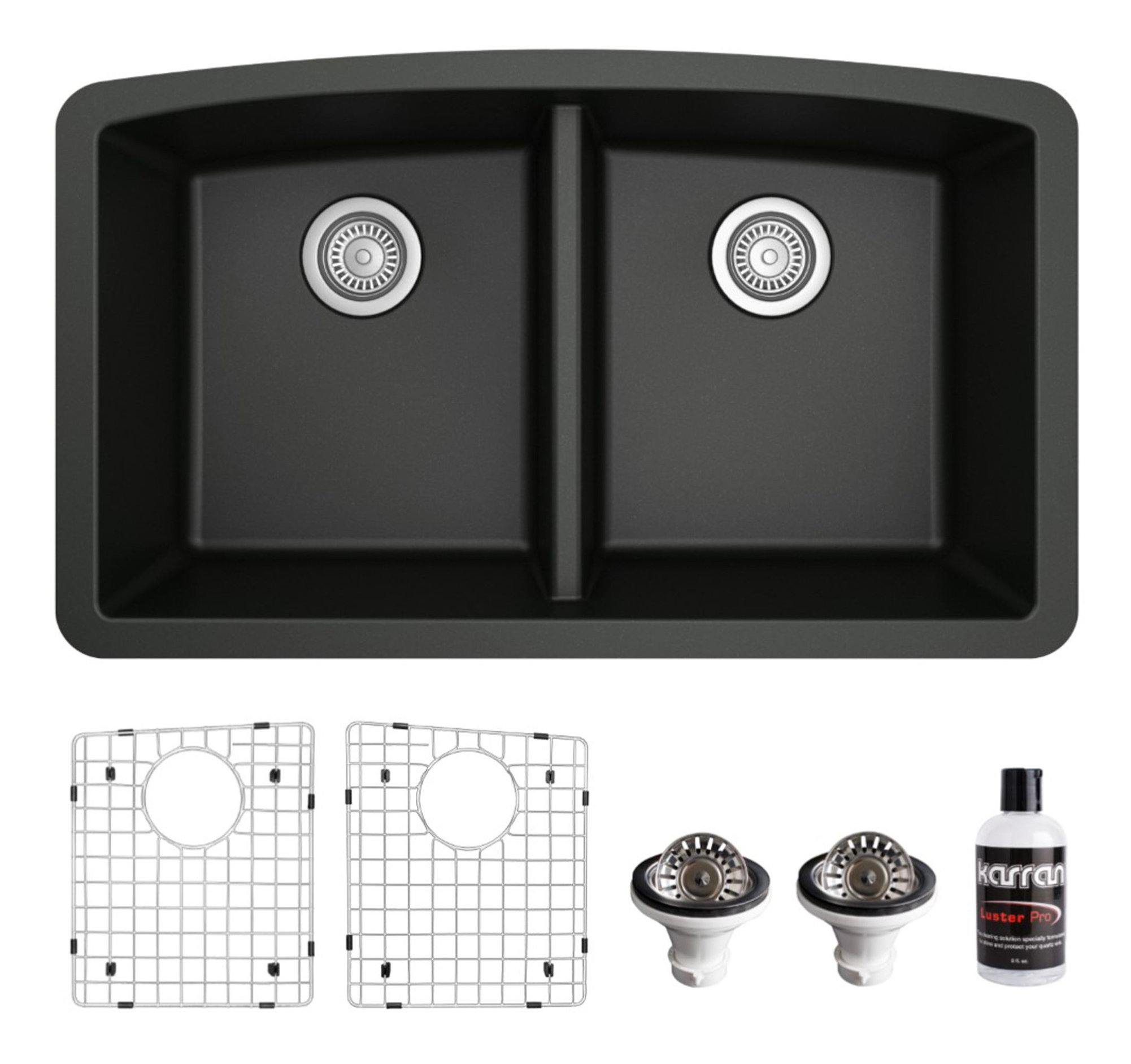 Karran Undermount Quartz 32" 50/50 Double Bowl Kitchen Sink Kit, Black
