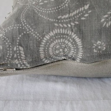 Pair of Vintage Faded Grey Batik Floral Lumbar Pillows
