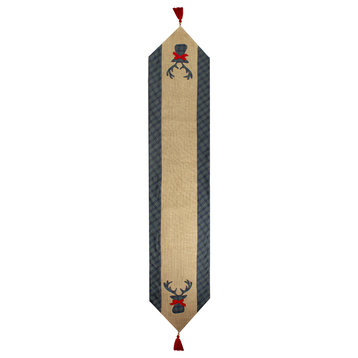 80" Blue and Brown Burlap and Plaid Reindeer Christmas Table Runner