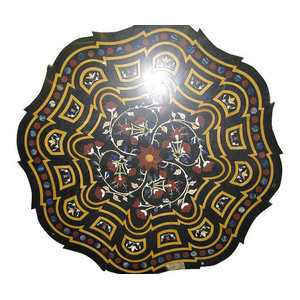 Mogul Interior - Consigned Inlay Black Marble Floral Jasper Malachite Round Table Top India - Table Tops And Bases