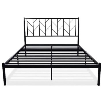 Modern Platform Bed, Metal Frame With Unique Geometric Headboard, Black, Queen